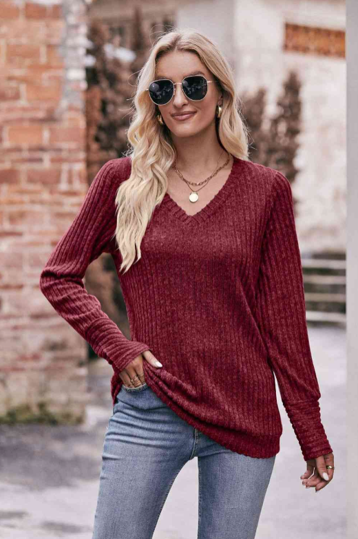 SAMPLE! Double Take V-Neck Long Sleeve Ribbed Top-Timber Brooke Boutique, Online Women's Fashion Boutique in Amarillo, Texas