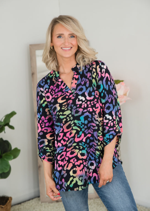 SAMPLE! Rainbow Leopard Lizzy Top-Timber Brooke Boutique, Online Women's Fashion Boutique in Amarillo, Texas