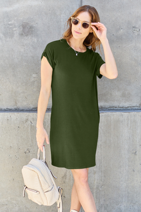 SAMPLE! Basic Bae Full Size Round Neck Short Sleeve Dress with Pockets-Timber Brooke Boutique, Online Women's Fashion Boutique in Amarillo, Texas