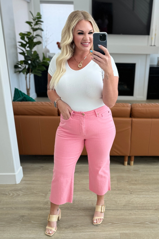 SAMPLE! Lisa High Rise Control Top Wide Leg Crop Jeans in Pink-Timber Brooke Boutique, Online Women's Fashion Boutique in Amarillo, Texas