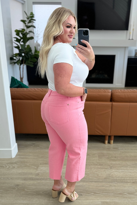 SAMPLE! Lisa High Rise Control Top Wide Leg Crop Jeans in Pink-Timber Brooke Boutique, Online Women's Fashion Boutique in Amarillo, Texas