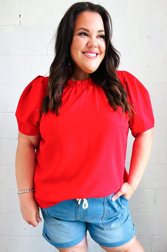 SAMPLE! Simply Patriotic Red Frill Mock Neck Woven Top-Timber Brooke Boutique, Online Women's Fashion Boutique in Amarillo, Texas