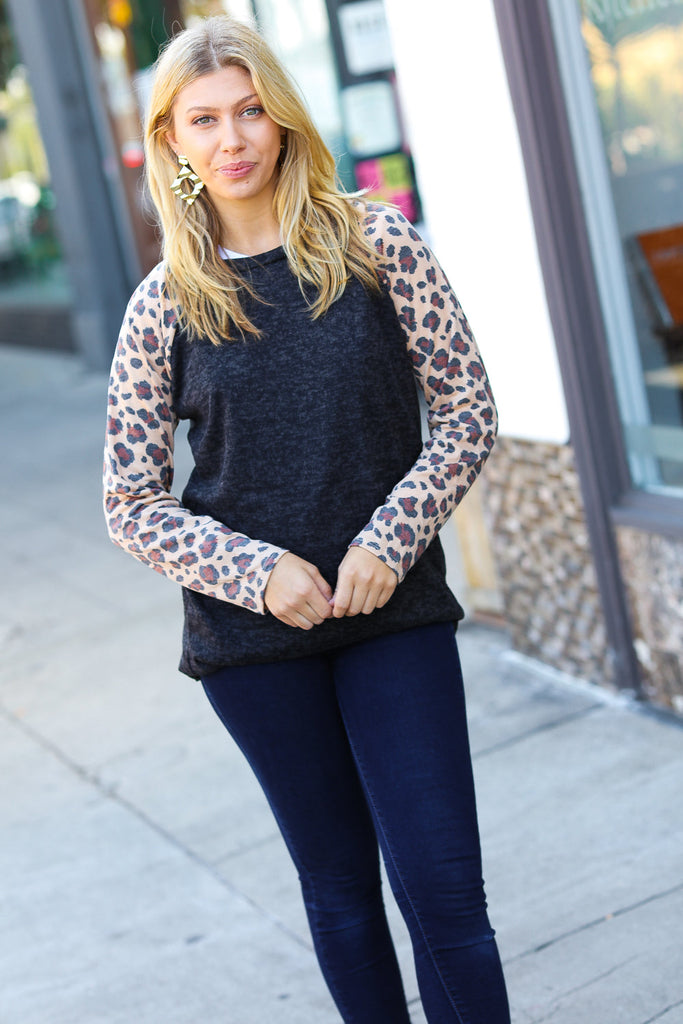 Black Hacci Sweater Knit Long Leopard Sleeve Pullover-Timber Brooke Boutique, Online Women's Fashion Boutique in Amarillo, Texas