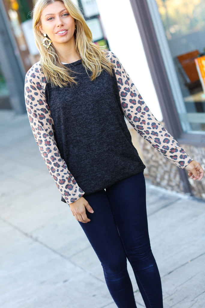 Black Hacci Sweater Knit Long Leopard Sleeve Pullover-Timber Brooke Boutique, Online Women's Fashion Boutique in Amarillo, Texas