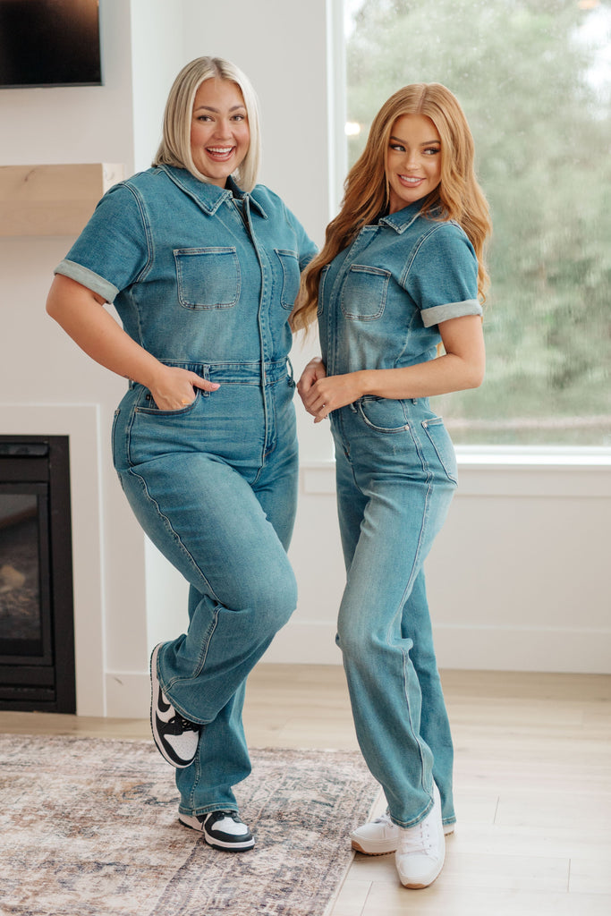 Sylvia Short Sleeve Denim Jumpsuit-Womens-Timber Brooke Boutique, Online Women's Fashion Boutique in Amarillo, Texas