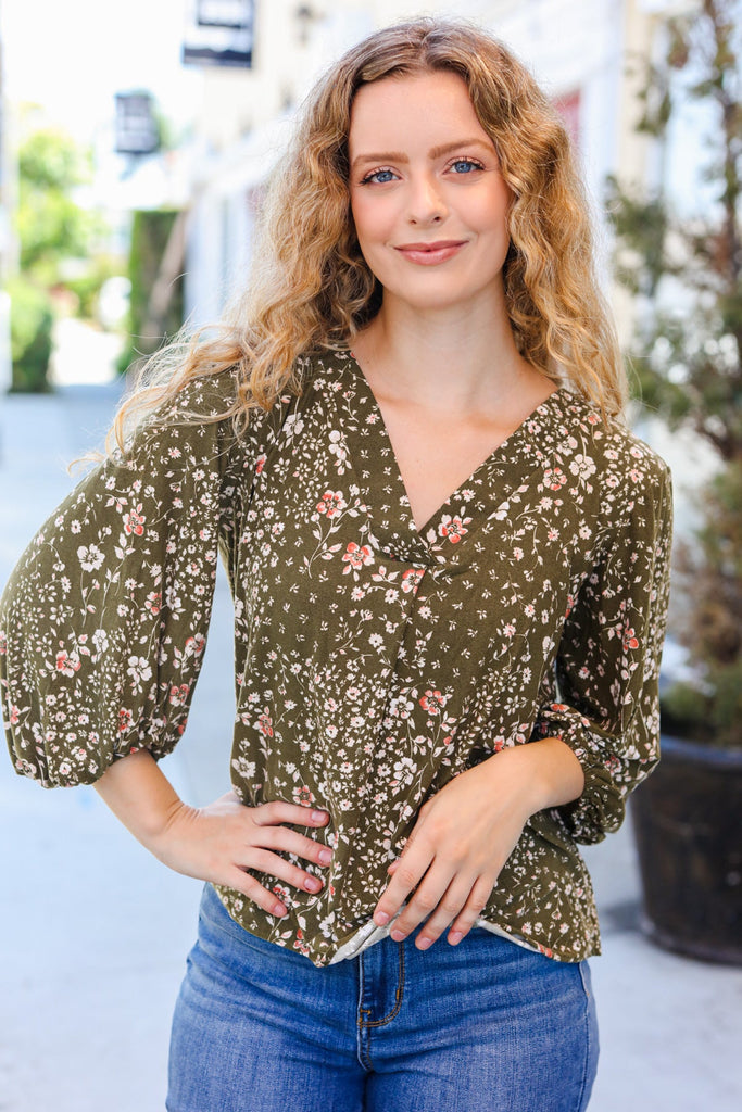 You Got This Olive Floral V Neck Bubble Sleeve Top-Timber Brooke Boutique, Online Women's Fashion Boutique in Amarillo, Texas