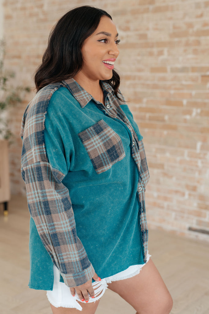 Tied for Time Thermal Plaid Button Up-Long Sleeve Tops-Timber Brooke Boutique, Online Women's Fashion Boutique in Amarillo, Texas