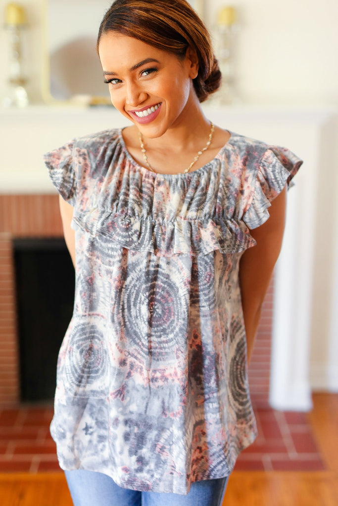 Everyday Gray & Coral Tie Dye Frilled Short Sleeve Yoke Top-Timber Brooke Boutique, Online Women's Fashion Boutique in Amarillo, Texas