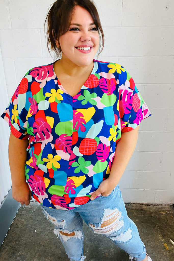 Time For Sun Navy Multicolor Tropical Print V Neck Top-Timber Brooke Boutique, Online Women's Fashion Boutique in Amarillo, Texas