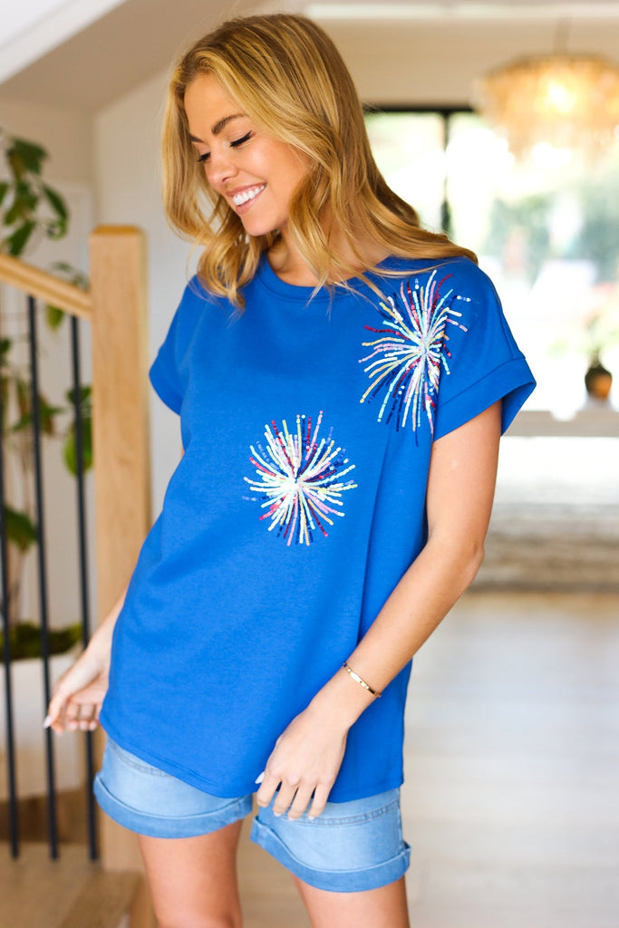 Light Me Up Blue Sequin Firework Dolman Top-Timber Brooke Boutique, Online Women's Fashion Boutique in Amarillo, Texas