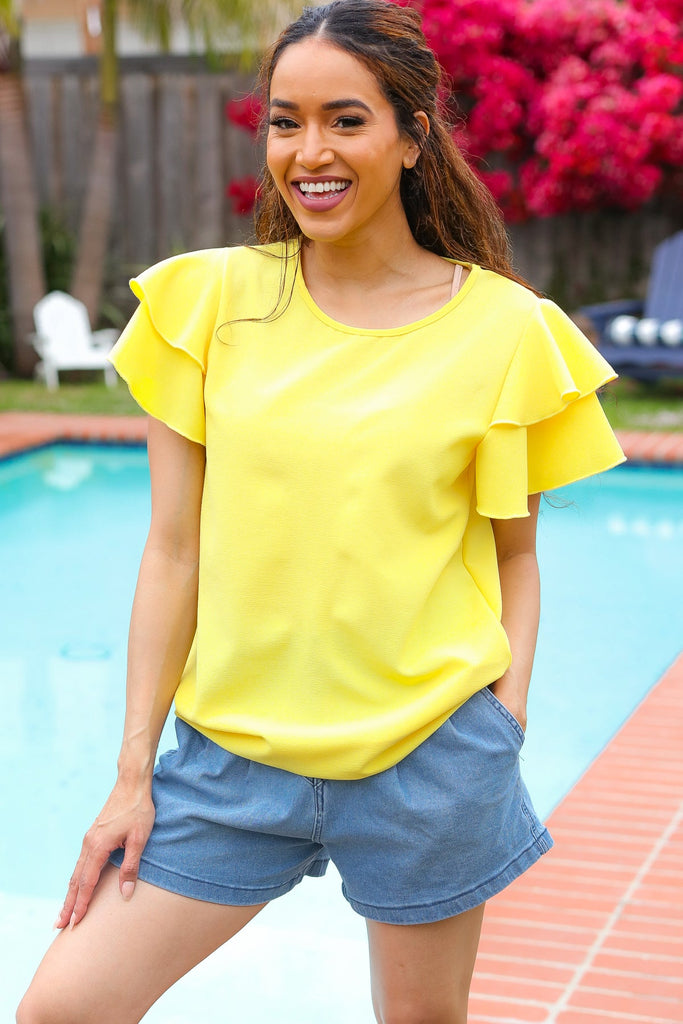 Lovely In Yellow Tiered Double Ruffle Sleeve Woven Top-Timber Brooke Boutique, Online Women's Fashion Boutique in Amarillo, Texas