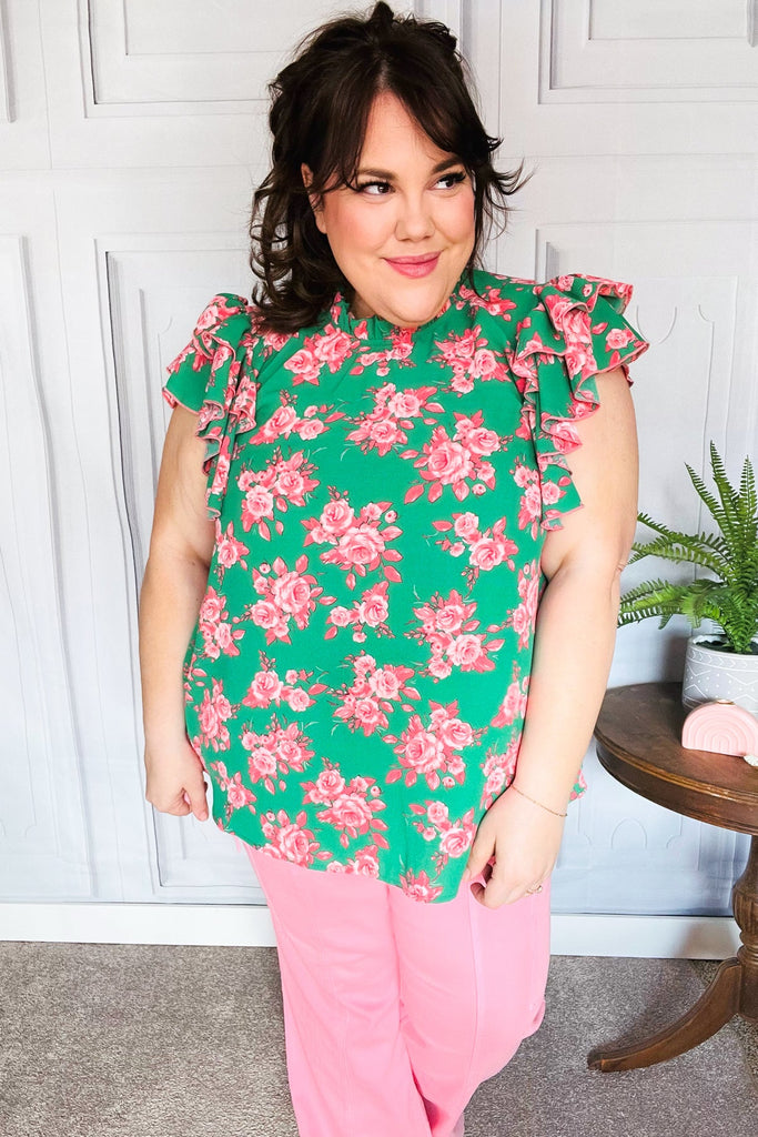 Look Of Love Green Floral Print Mock Neck Flutter Sleeve Top-Short Sleeve Top-Timber Brooke Boutique, Online Women's Fashion Boutique in Amarillo, Texas