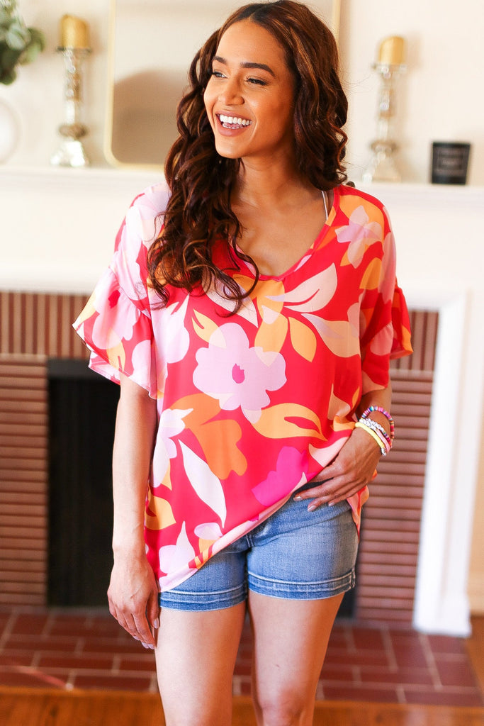 Tropical Vibes Peach Floral Dolman Ruffle Frill Sleeve Blouse-Timber Brooke Boutique, Online Women's Fashion Boutique in Amarillo, Texas