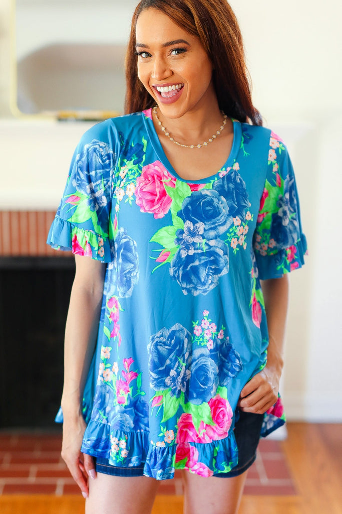 Feeling Playful Blue Floral Ruffle Sleeve & Hem Tunic Top-Timber Brooke Boutique, Online Women's Fashion Boutique in Amarillo, Texas