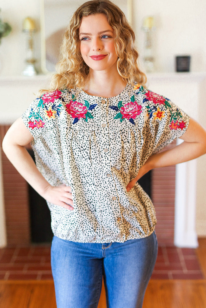 Perfectly Poised Ivory Animal Print Floral Embroidery Button Down Top-Short Sleeve Top-Timber Brooke Boutique, Online Women's Fashion Boutique in Amarillo, Texas