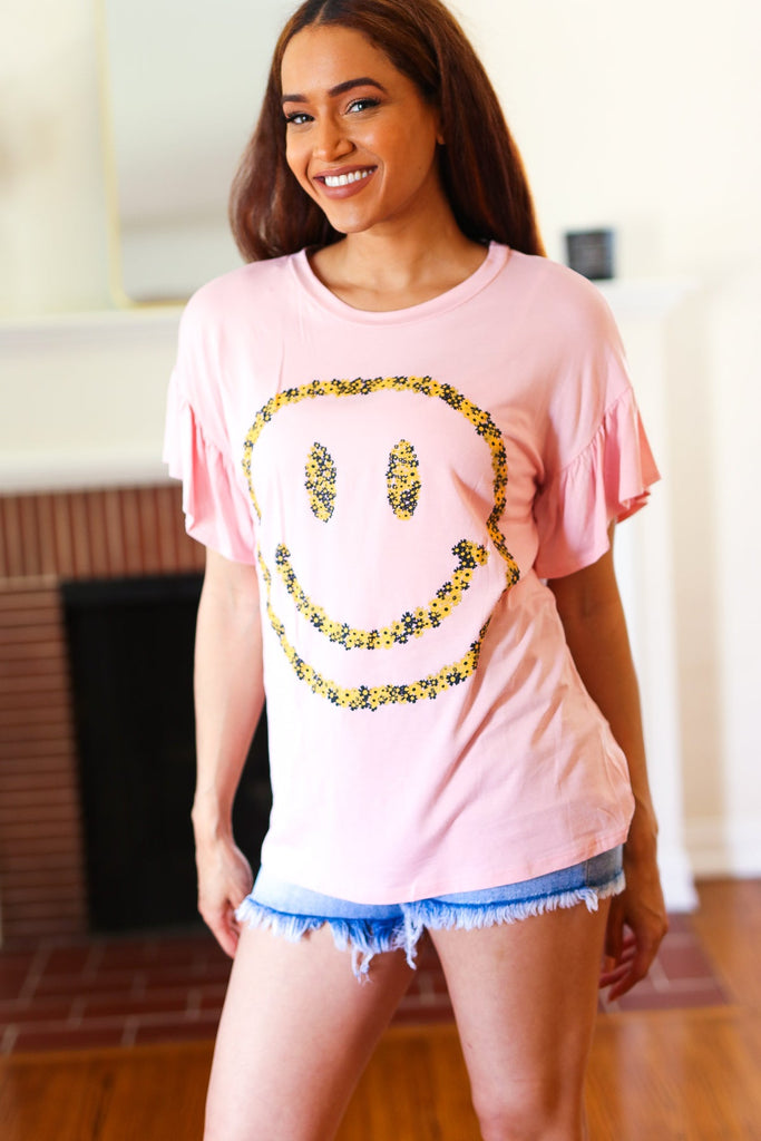 Live For Today Pink Floral Smiley Face Flutter Sleeve Tee-Timber Brooke Boutique, Online Women's Fashion Boutique in Amarillo, Texas