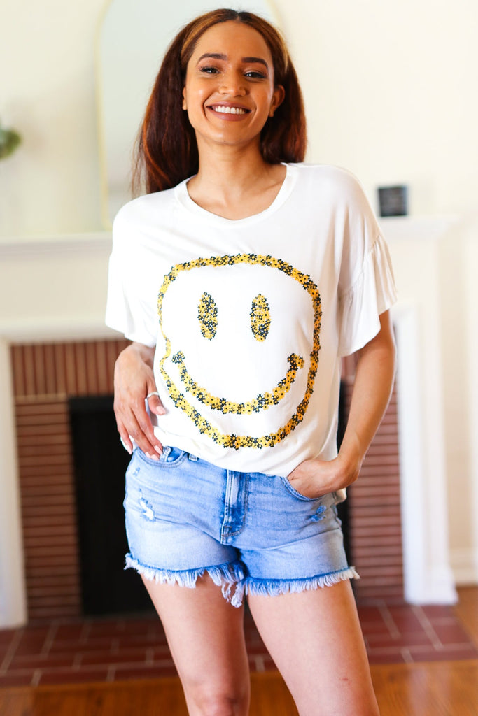 Live For Today White Floral Smiley Face Flutter Sleeve Tee-Timber Brooke Boutique, Online Women's Fashion Boutique in Amarillo, Texas