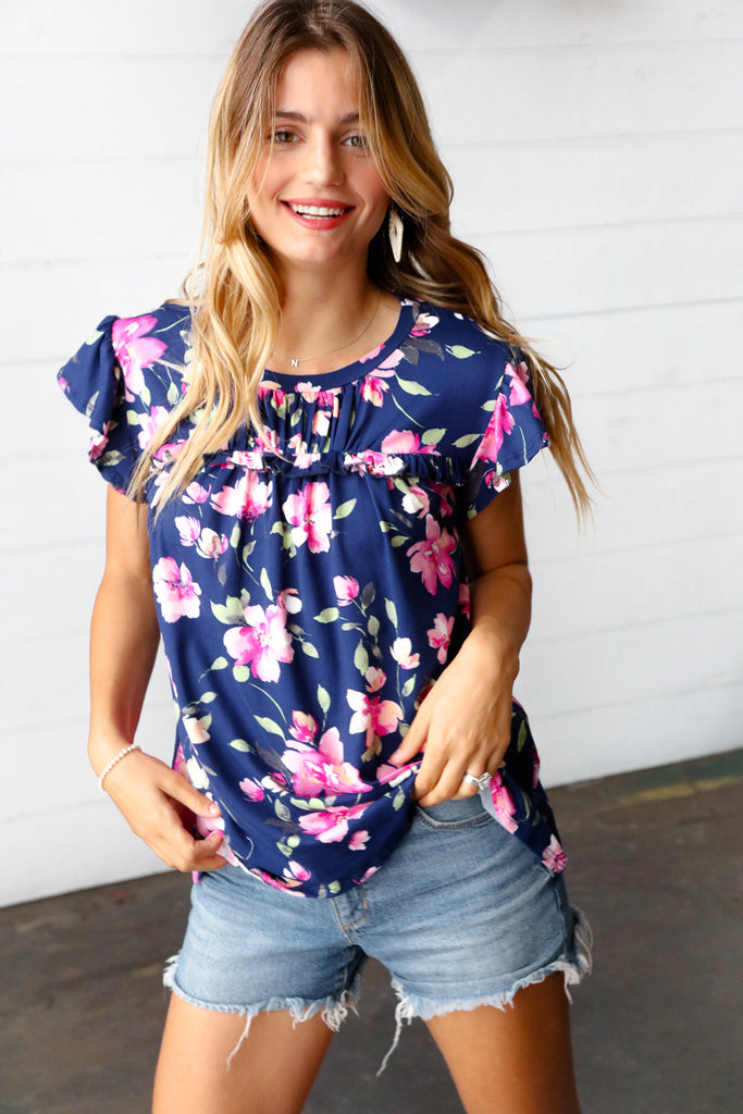 Navy & Pink Floral Print Frilled Short Sleeve Yoke Top-Timber Brooke Boutique, Online Women's Fashion Boutique in Amarillo, Texas
