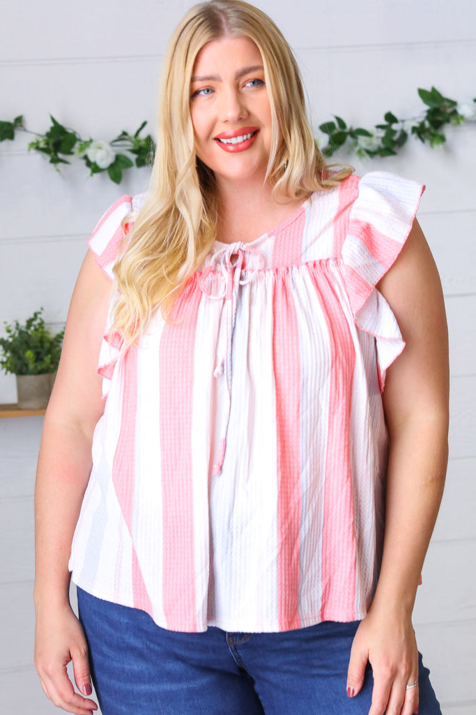 Coral & Light Blue Stripe Waffle Tie Neck Top-Timber Brooke Boutique, Online Women's Fashion Boutique in Amarillo, Texas