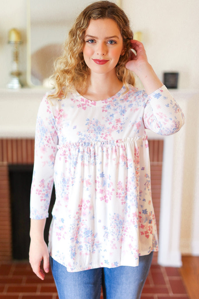 Feeling Fun Blue & Pink Floral Ribbed Babydoll Ruffle Top-Timber Brooke Boutique, Online Women's Fashion Boutique in Amarillo, Texas