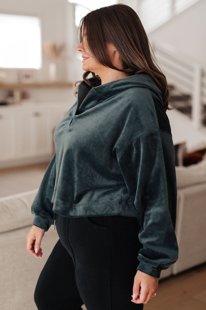Velvet Icon Hoodie In Grey Blue-Hoodies-Timber Brooke Boutique, Online Women's Fashion Boutique in Amarillo, Texas