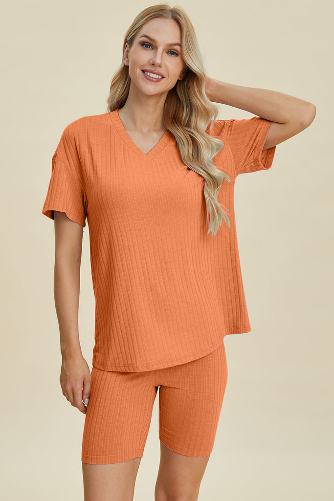 Basic Bae Full Size Ribbed V-Neck Short Sleeve Top and Shorts Set-Timber Brooke Boutique, Online Women's Fashion Boutique in Amarillo, Texas