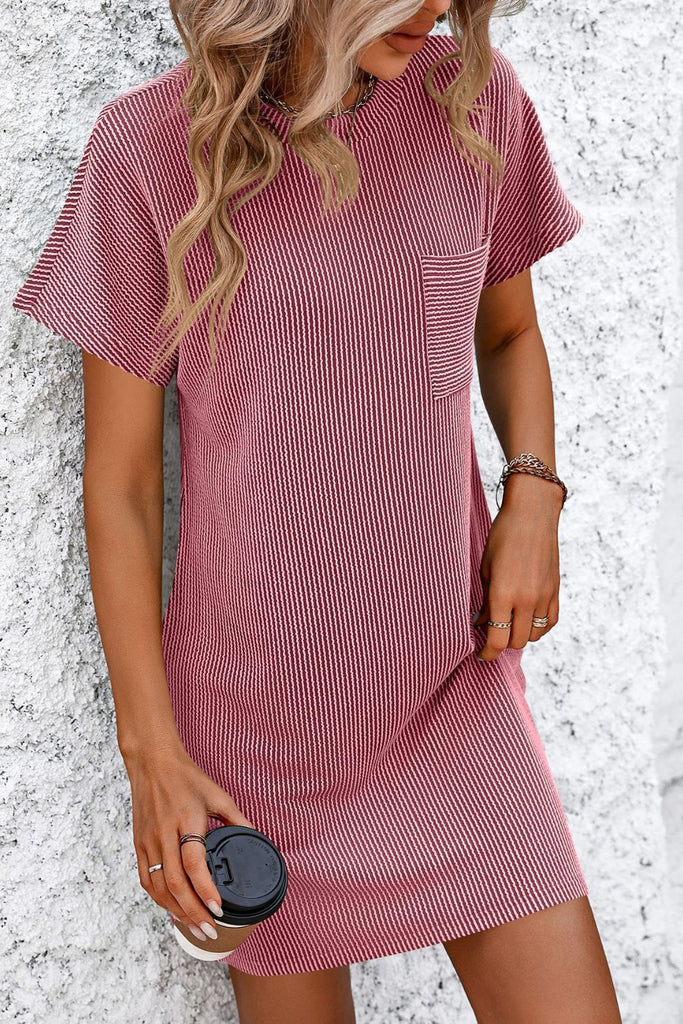 Ribbed Striped Short Sleeve Mini Tee Dress-Timber Brooke Boutique, Online Women's Fashion Boutique in Amarillo, Texas