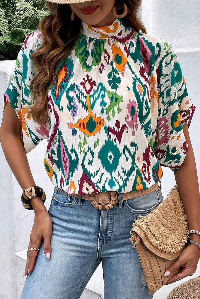 Printed Mock Neck Half Sleeve Blouse-Timber Brooke Boutique, Online Women's Fashion Boutique in Amarillo, Texas