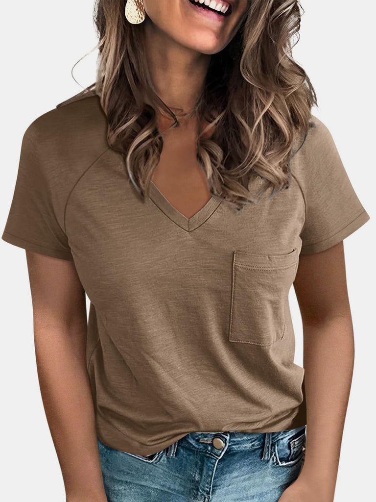 Pocketed V-Neck Short Sleeve T-Shirt-Timber Brooke Boutique, Online Women's Fashion Boutique in Amarillo, Texas