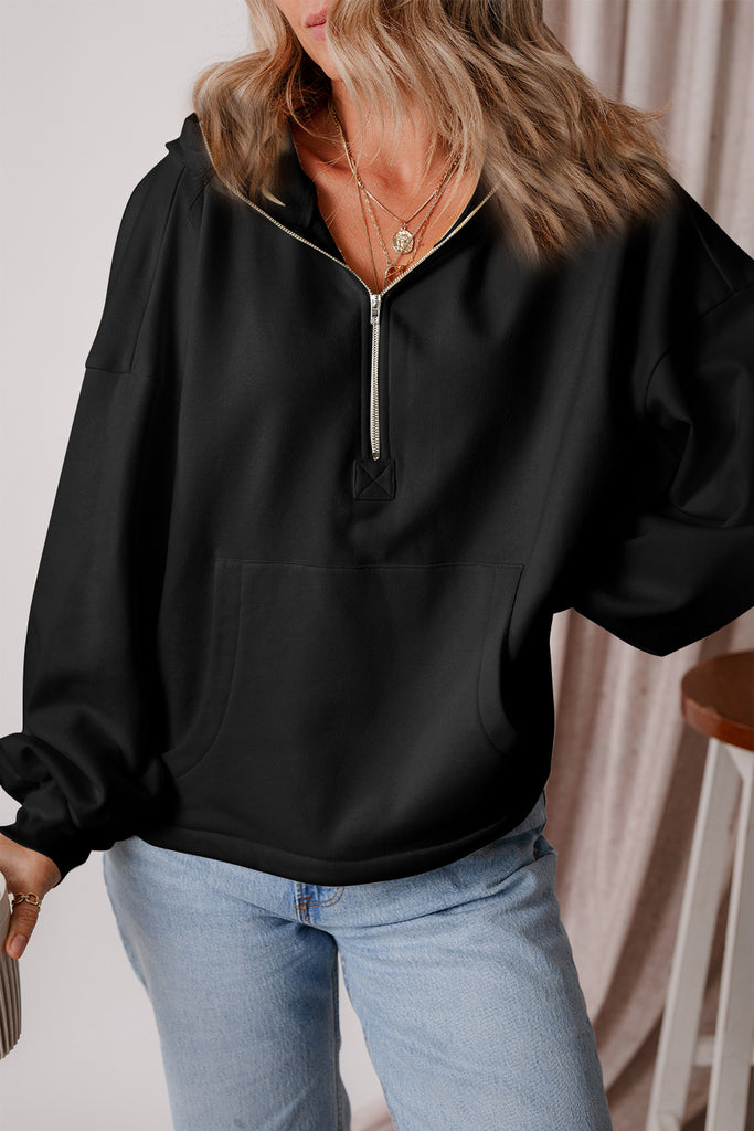 Pocketed Half Zip Dropped Shoulder Hoodie-Timber Brooke Boutique, Online Women's Fashion Boutique in Amarillo, Texas