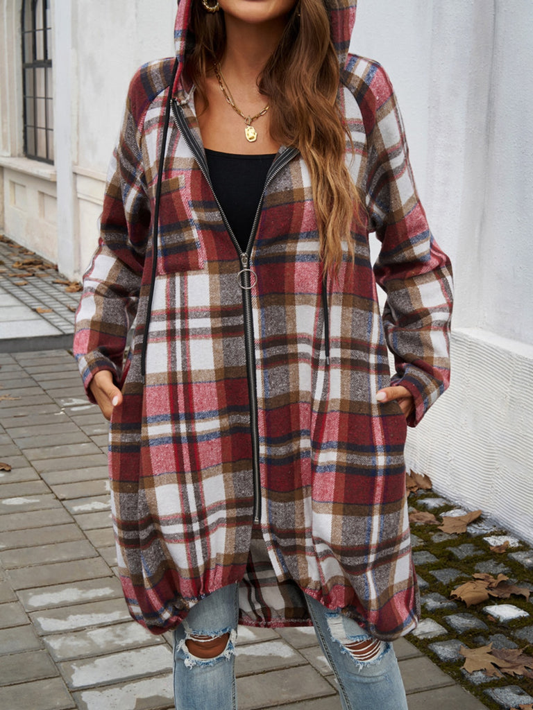 Plaid Zip Up Hooded Coat-Timber Brooke Boutique, Online Women's Fashion Boutique in Amarillo, Texas