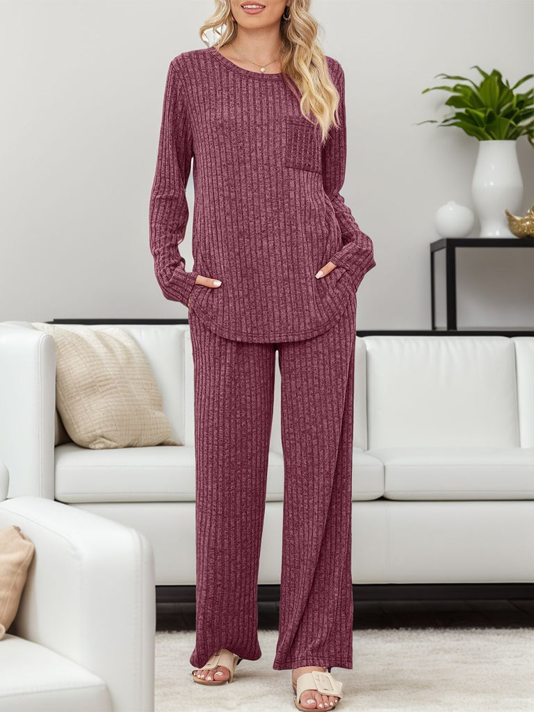 Round Neck Long Sleeve Top and Pants Set-Timber Brooke Boutique, Online Women's Fashion Boutique in Amarillo, Texas