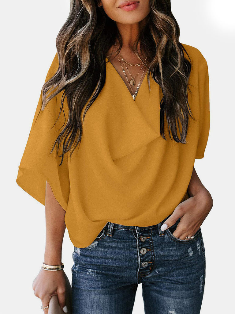 Full Size Cowl Neck Three-Quarter Sleeve Blouse-Timber Brooke Boutique, Online Women's Fashion Boutique in Amarillo, Texas