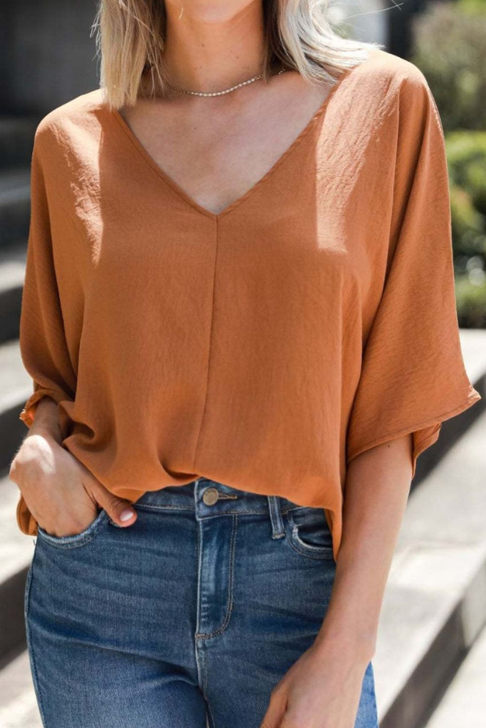 V-Neck Half Sleeve Blouse-Timber Brooke Boutique, Online Women's Fashion Boutique in Amarillo, Texas