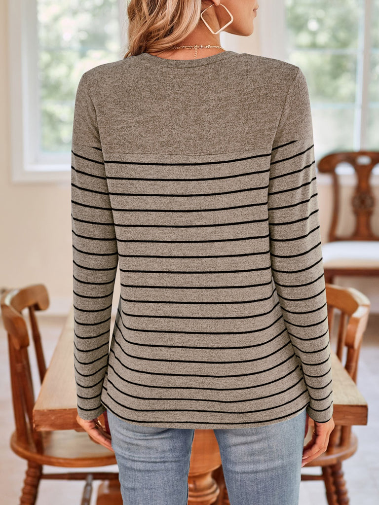 Quarter Button Striped Round Neck Long Sleeve T-Shirt-Timber Brooke Boutique, Online Women's Fashion Boutique in Amarillo, Texas