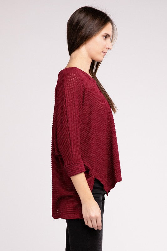 3/4 Sleeve V-Neck Hi-Low Hem Jacquard Sweater-Timber Brooke Boutique, Online Women's Fashion Boutique in Amarillo, Texas