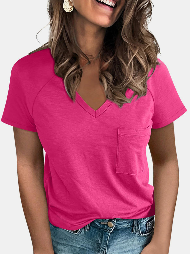 Pocketed V-Neck Short Sleeve T-Shirt-Timber Brooke Boutique, Online Women's Fashion Boutique in Amarillo, Texas