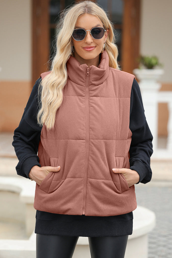 Pocketed Zip Up Turtleneck Vest Coat-Timber Brooke Boutique, Online Women's Fashion Boutique in Amarillo, Texas