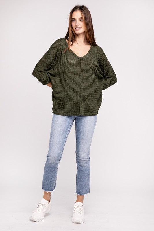 3/4 Sleeve V-Neck Hi-Low Hem Jacquard Sweater-Timber Brooke Boutique, Online Women's Fashion Boutique in Amarillo, Texas