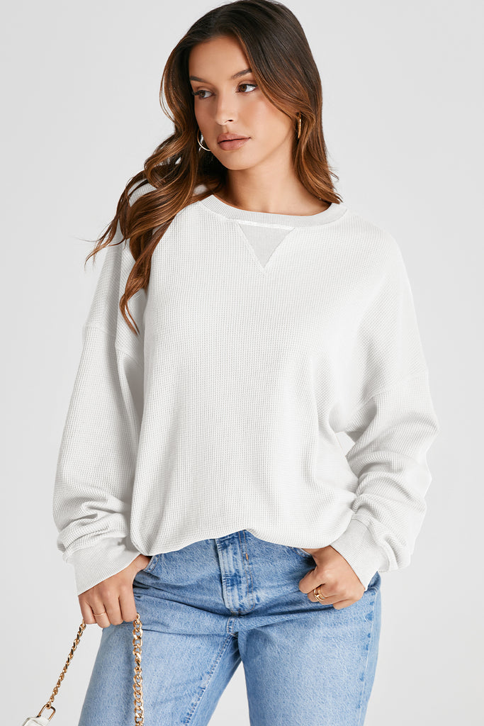 Waffle-Knit Long Sleeve Sweatshirt-Timber Brooke Boutique, Online Women's Fashion Boutique in Amarillo, Texas