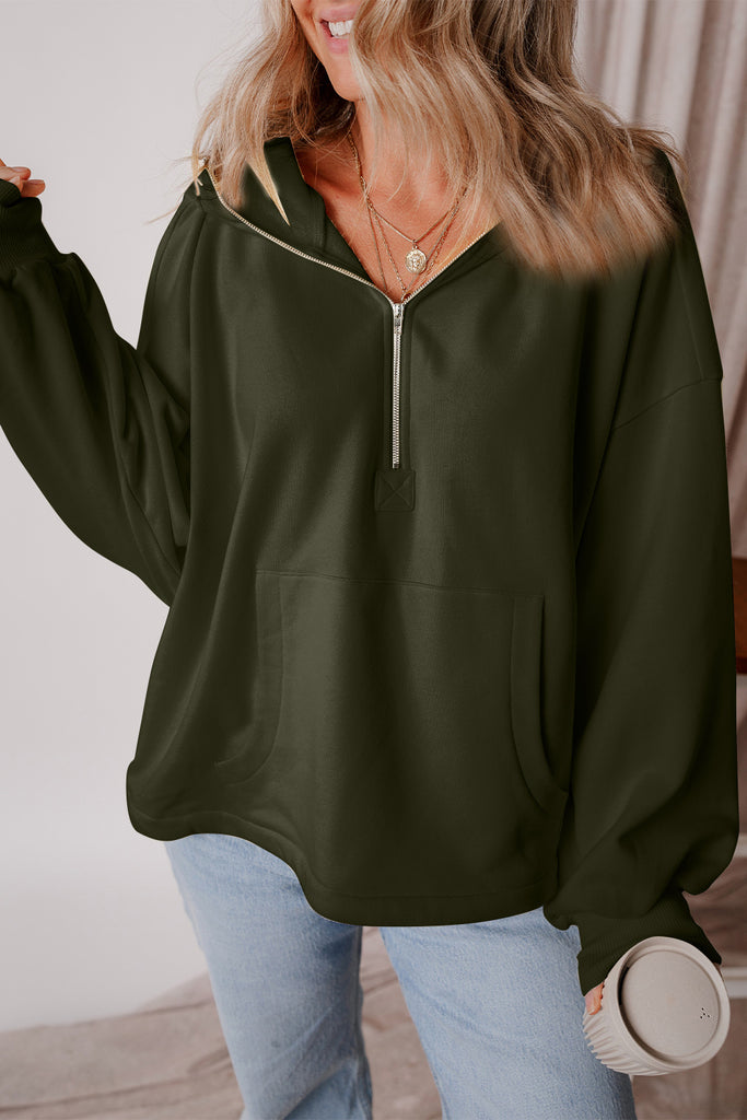 Pocketed Half Zip Dropped Shoulder Hoodie-Timber Brooke Boutique, Online Women's Fashion Boutique in Amarillo, Texas