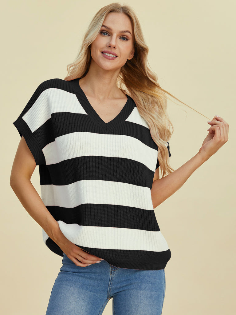 Double Take Full Size Striped V-Neck Short Sleeve Sweater-Timber Brooke Boutique, Online Women's Fashion Boutique in Amarillo, Texas