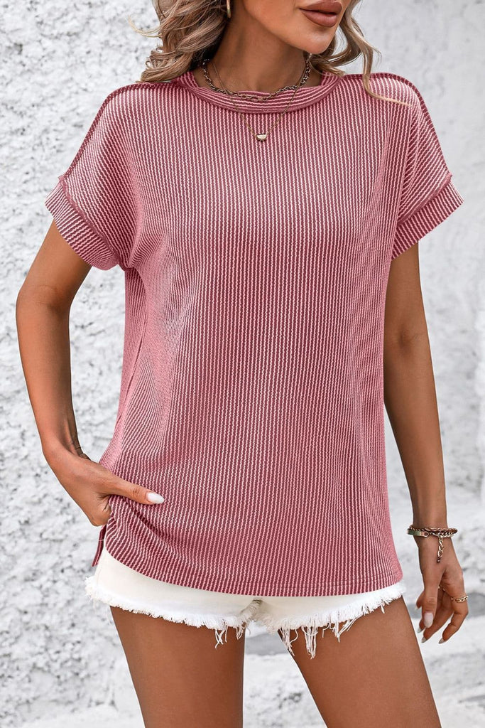 Striped Round Neck Short Sleeve T-Shirt-Timber Brooke Boutique, Online Women's Fashion Boutique in Amarillo, Texas