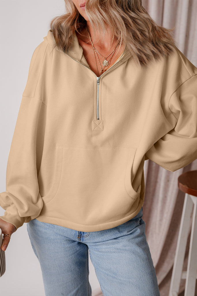 Pocketed Half Zip Dropped Shoulder Hoodie-Timber Brooke Boutique, Online Women's Fashion Boutique in Amarillo, Texas