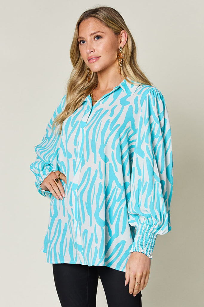 Double Take Full Size Printed Smocked Long Sleeve Blouse-Timber Brooke Boutique, Online Women's Fashion Boutique in Amarillo, Texas