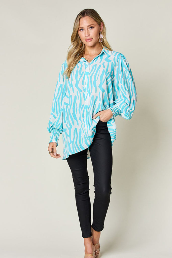 Double Take Full Size Printed Smocked Long Sleeve Blouse-Timber Brooke Boutique, Online Women's Fashion Boutique in Amarillo, Texas