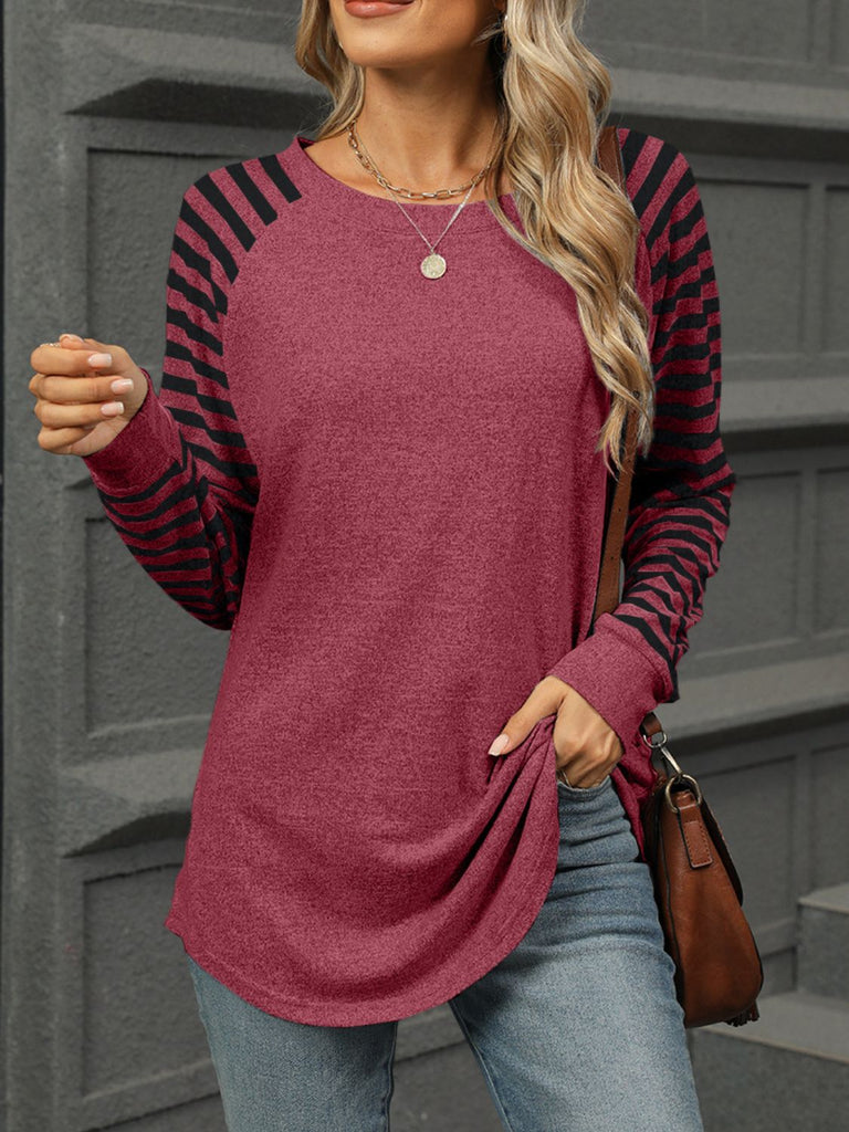 Striped Round Neck Long Sleeve T-Shirt-Timber Brooke Boutique, Online Women's Fashion Boutique in Amarillo, Texas