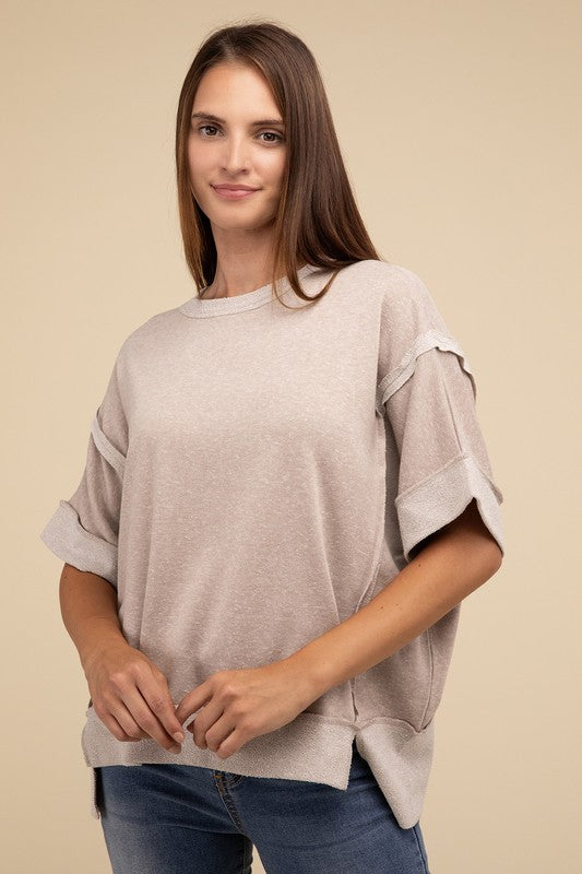 Contrast Trim Top Stitching Drop Shoulder Top-Timber Brooke Boutique, Online Women's Fashion Boutique in Amarillo, Texas