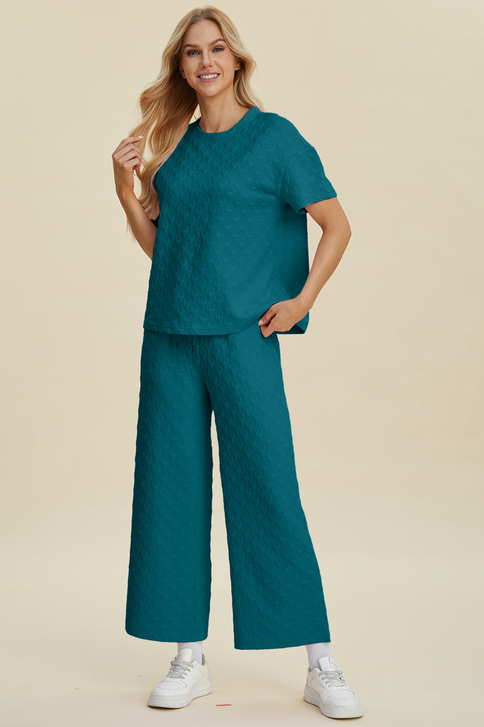 Double Take Full Size Texture Round Neck Short Sleeve Top and Pants Set-Timber Brooke Boutique, Online Women's Fashion Boutique in Amarillo, Texas