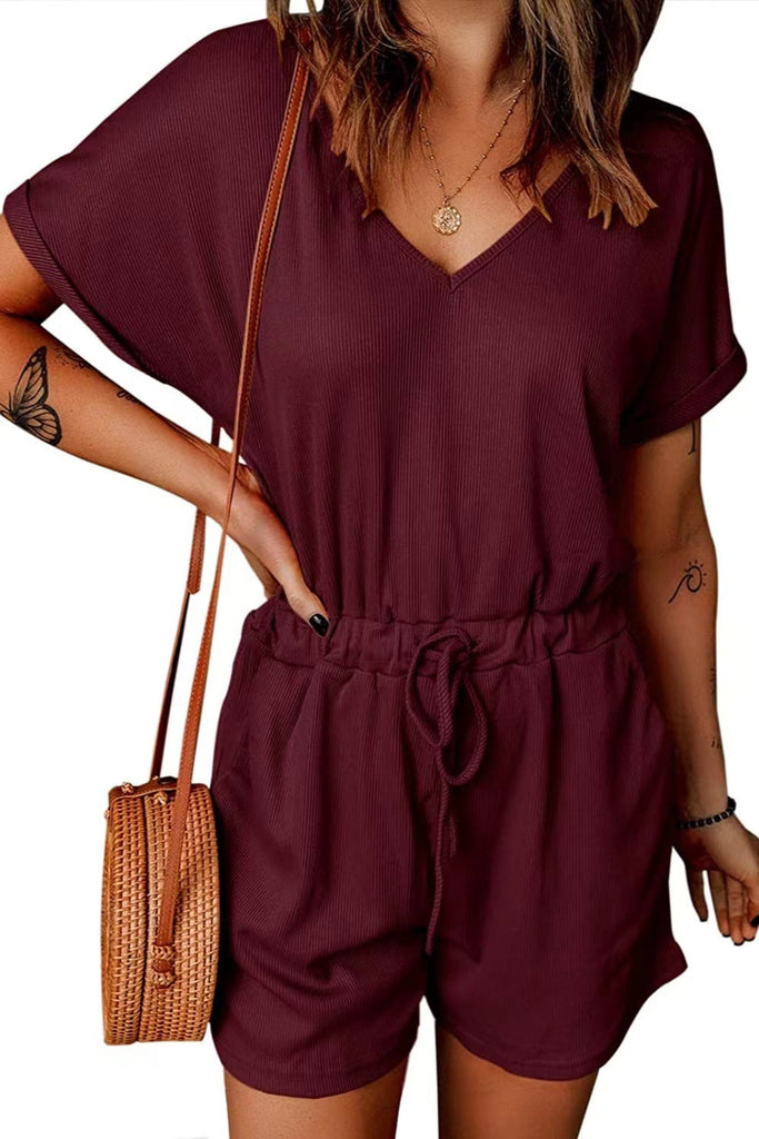 Full Size Drawstring V-Neck Short Sleeve Romper-Timber Brooke Boutique, Online Women's Fashion Boutique in Amarillo, Texas